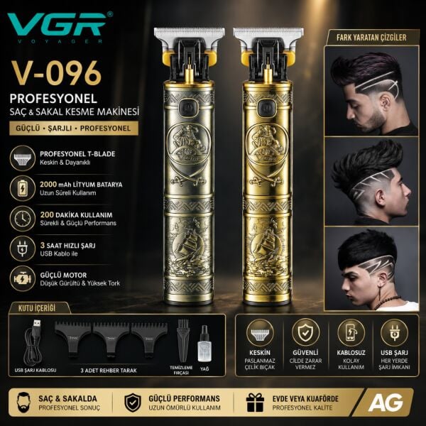 V-096 Profesyonel T-Blade Saç Sakal Kesme Makinesi 2000 mAh Şarjlı Kablosuz Erkek Tıraş Makinesi