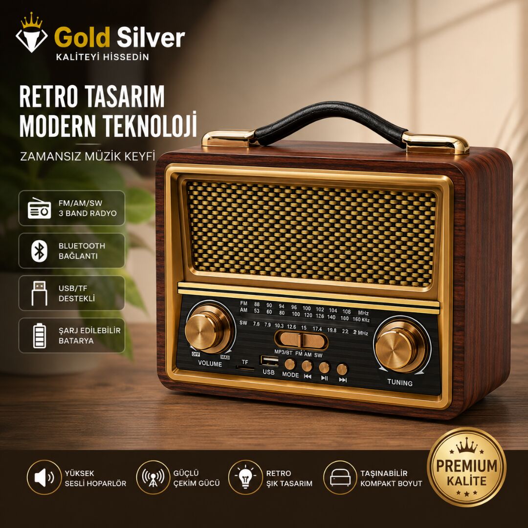 Gold Silver GS-1335 Retro Tasarım Bluetooth Şarjlı Nostalji Radyo