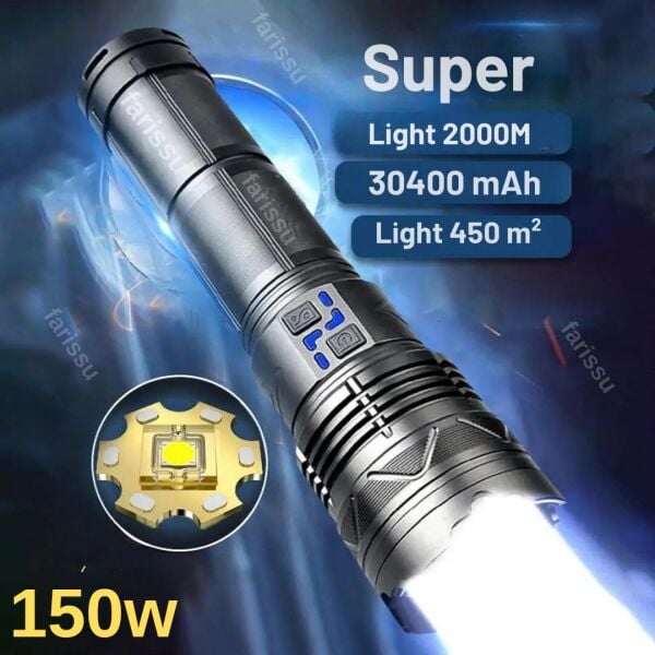 150W LED El Feneri – 2-3 KM Menzil, 12000 Lümen, 30400 mAh, Zoom, Şarjlı, Su Geçirmez, Özel Çantalı