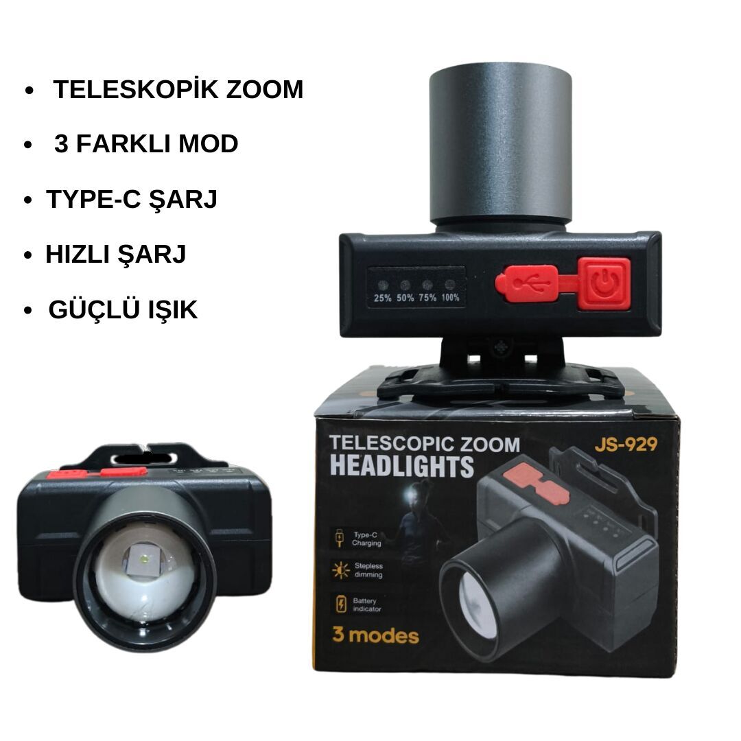 JS-929 Teleskopik Zoomlu Şarjlı Kafa Feneri