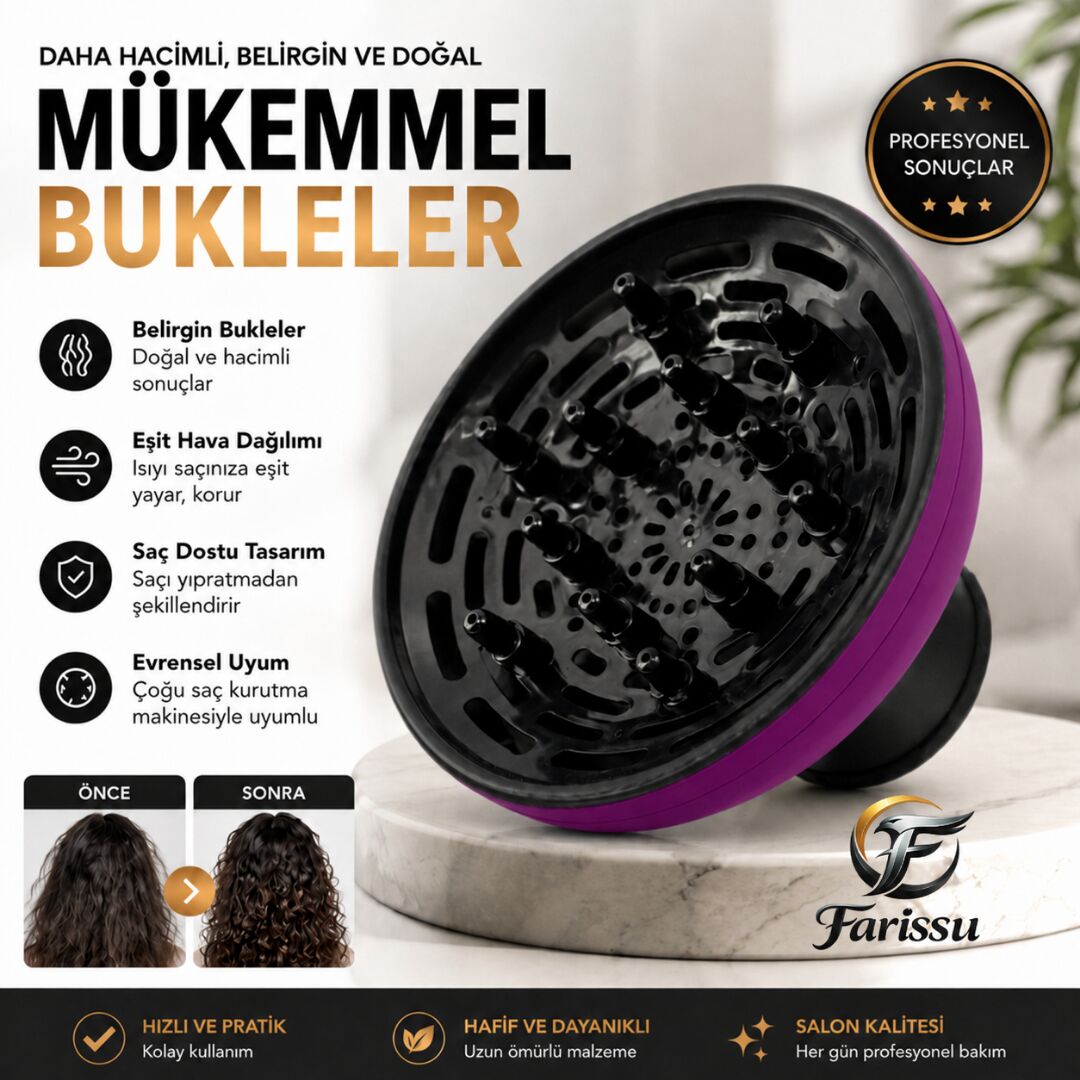 Turkuaz Evrensel Fön Makinesi Difüzör Başlık – Elektriklenme Önleyici Kıvırcık Bukle Belirginleştirici
