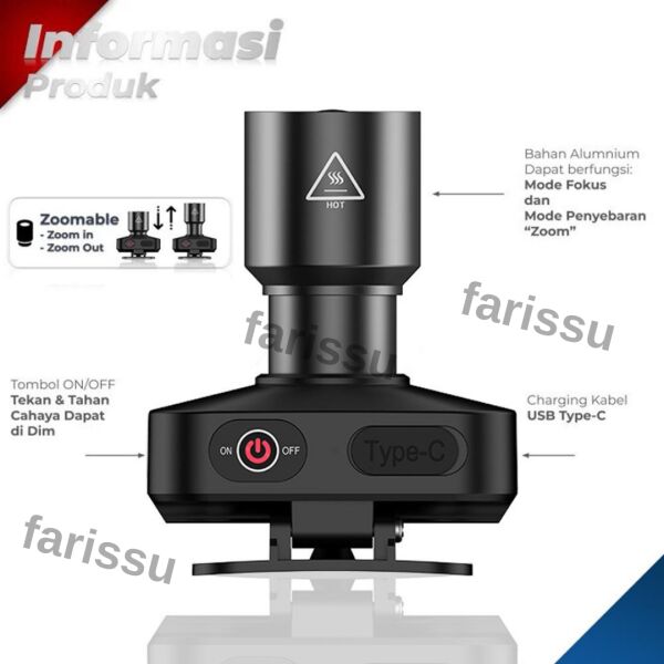 WH-2102 Şarjlı Kafa Feneri - 10W, 1200 Lümen, Zoom Fonksiyonlu, C Tipi Şarjlı