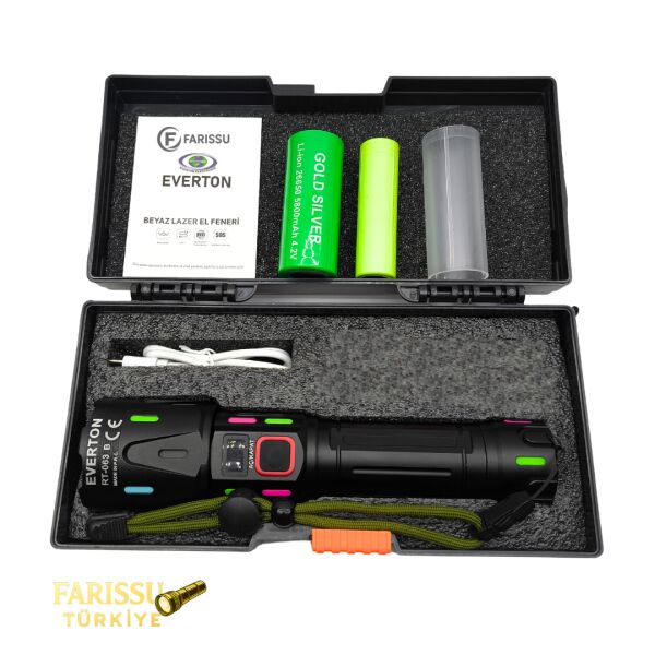 Ultra Güçlü Beyaz Lazer LED El Feneri - 2 KM Menzilli & Powerbank Özellikli (Çift Pil Setli)