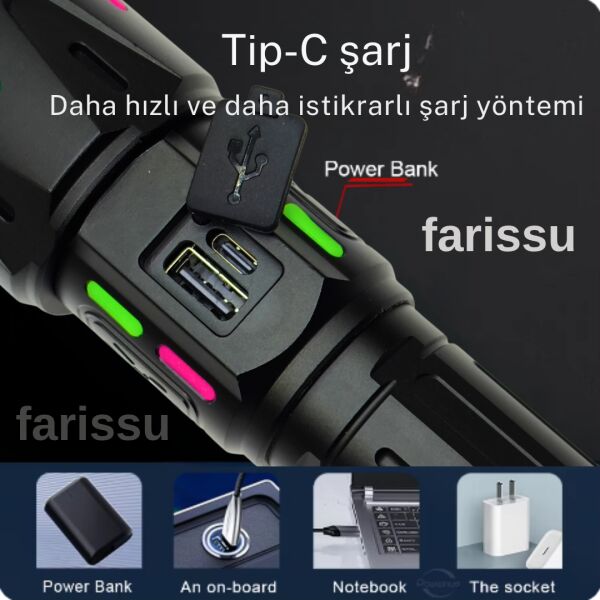 Ultra Güçlü Beyaz Lazer LED El Feneri - 2 KM Menzilli & Powerbank Özellikli (Çift Pil Setli)
