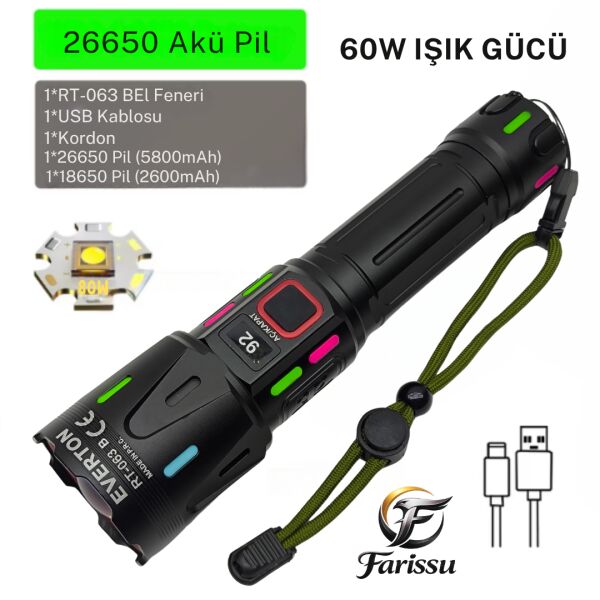 Ultra Güçlü Beyaz Lazer LED El Feneri - 2 KM Menzilli & Powerbank Özellikli (Çift Pil Setli)