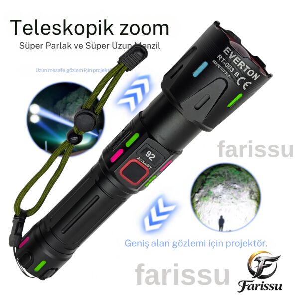 Ultra Güçlü Beyaz Lazer LED El Feneri - 2 KM Menzilli & Powerbank Özellikli (Çift Pil Setli)