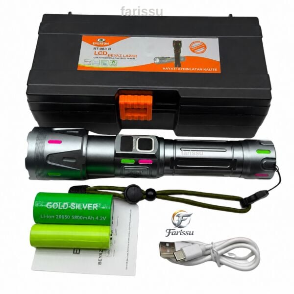 Ultra Güçlü Beyaz Lazer LED El Feneri - 2 KM Menzilli & Powerbank Özellikli (Çift Pil Setli)