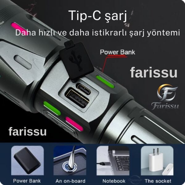 Ultra Güçlü Beyaz Lazer LED El Feneri - 2 KM Menzilli & Powerbank Özellikli (Çift Pil Setli)