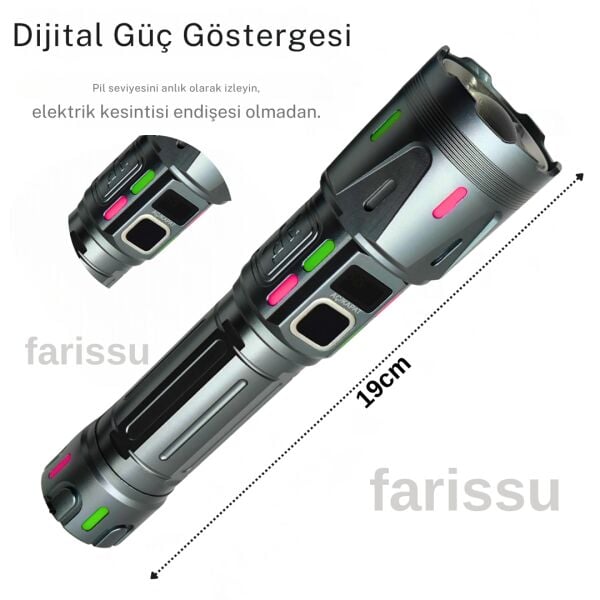 Ultra Güçlü Beyaz Lazer LED El Feneri - 2 KM Menzilli & Powerbank Özellikli (Çift Pil Setli)