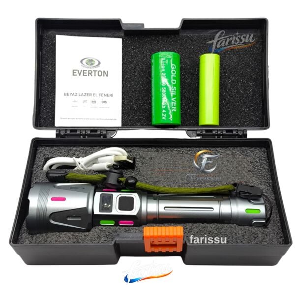 Ultra Güçlü Beyaz Lazer LED El Feneri - 2 KM Menzilli & Powerbank Özellikli (Çift Pil Setli)