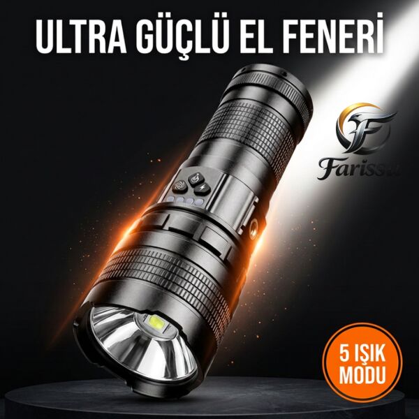 Gold Orion R301 Ultra Güçlü 200W 6000 Lümen Şarjlı El Feneri - 3000m Menzil, 4 Pilli, Powerbank Özellikli
