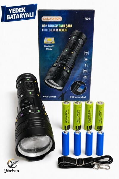 R301 Ultra Güçlü 200W Şarjlı El Feneri - 18650 Model Yedek Pilli Set, 3000m Menzil, Powerbank Özellikli