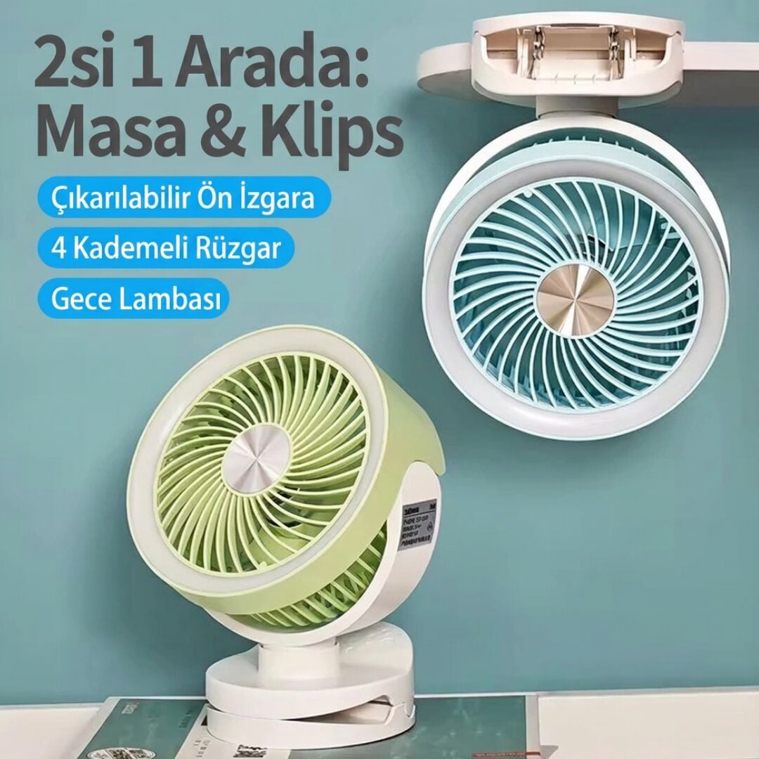TGX-3504 2'si 1 Arada Masaüstü ve Klipsli Şarjlı Vantilatör - Gece Lambalı, 4 Kademeli Sessiz Fan