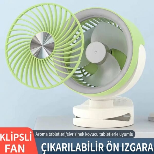 TGX-3504 2'si 1 Arada Masaüstü ve Klipsli Şarjlı Vantilatör - Gece Lambalı, 4 Kademeli Sessiz Fan