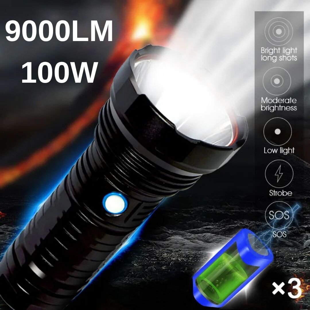 Gold Orion  Şarjlı El Feneri – 9000 Lümen, 100W Işık Gücü, 8800 mAh Batarya, Alüminyum Gövde