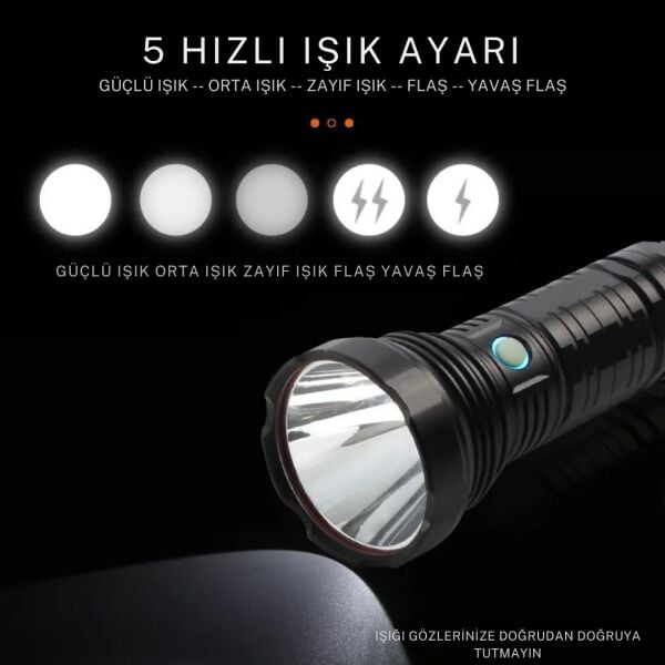 Gold Orion  Şarjlı El Feneri – 9000 Lümen, 100W Işık Gücü, 8800 mAh Batarya, Alüminyum Gövde