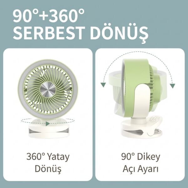TGX-3504 2'si 1 Arada Masaüstü ve Klipsli Şarjlı Vantilatör - Gece Lambalı, 4 Kademeli Sessiz Fan