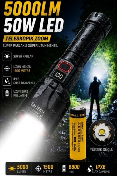 FY-T288 50W 5000 Lümen Ultra Parlak Şarjlı El Feneri | 1.5 Km Menzilli, Powerbank Özellikli