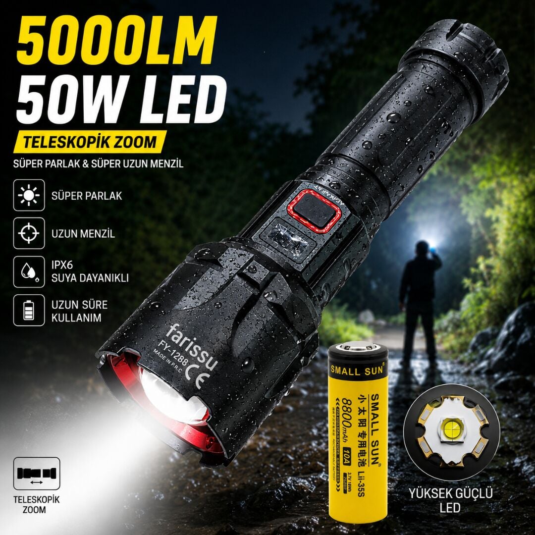FY-T288 50W 5000 Lümen Ultra Parlak Şarjlı El Feneri | 1.5 Km Menzilli, Powerbank Özellikli