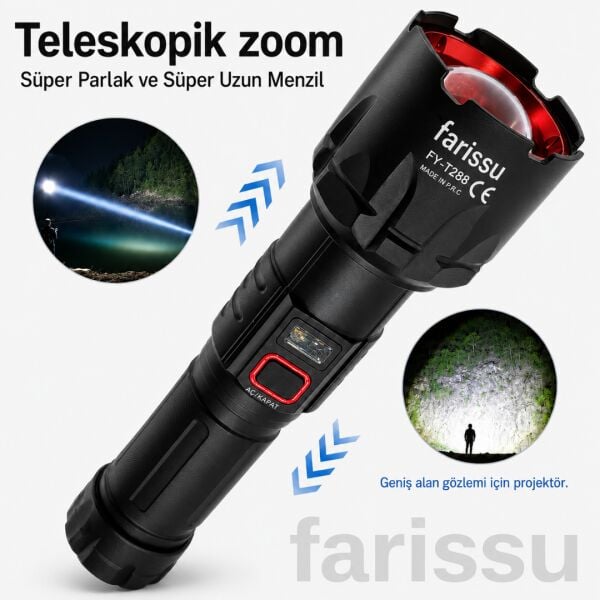 FY-T288 50W 5000 Lümen Ultra Parlak Şarjlı El Feneri | 1.5 Km Menzilli, Powerbank Özellikli
