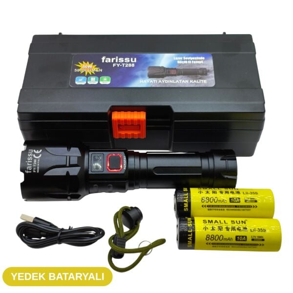 FY-T288 50W 5000 Lümen Ultra Parlak Şarjlı El Feneri | Yedek Bataryalı 1.5 Km Menzilli Powerbank Özellikli