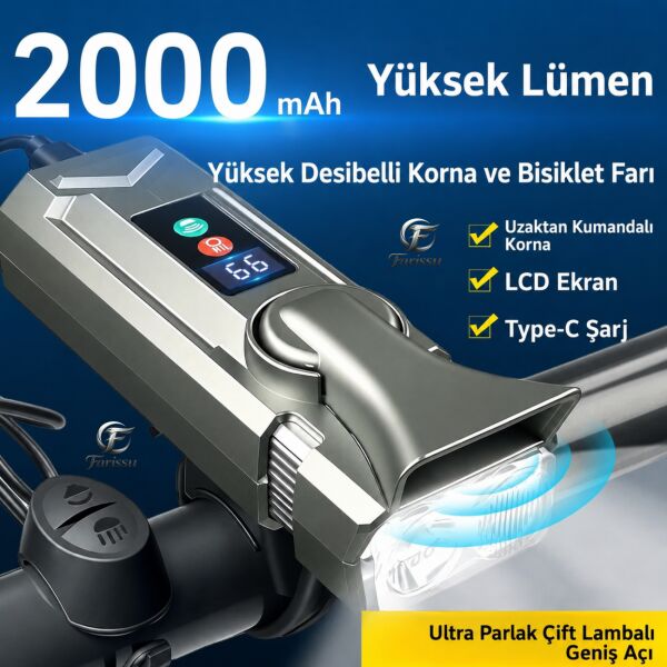SM-1710 Şarjlı Bisiklet Farı ve Kornası | 2000mAh, LCD Ekranlı,  Profesyonel Bisiklet Aydınlatması