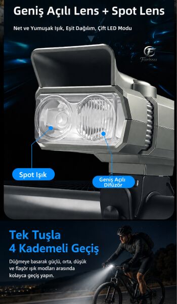 SM-1710 Şarjlı Bisiklet Farı ve Kornası | 2000mAh, LCD Ekranlı,  Profesyonel Bisiklet Aydınlatması
