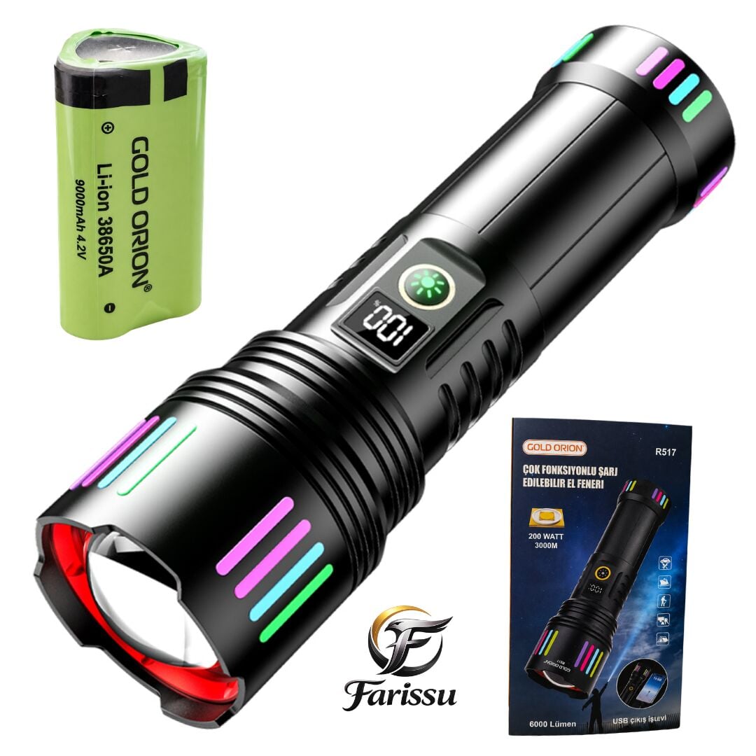 R517 200W Beyaz Lazer El Feneri - 6000 Lümen, 3000 Metre Uzağı Aydınlatan Zoomlu Şarjlı Fener