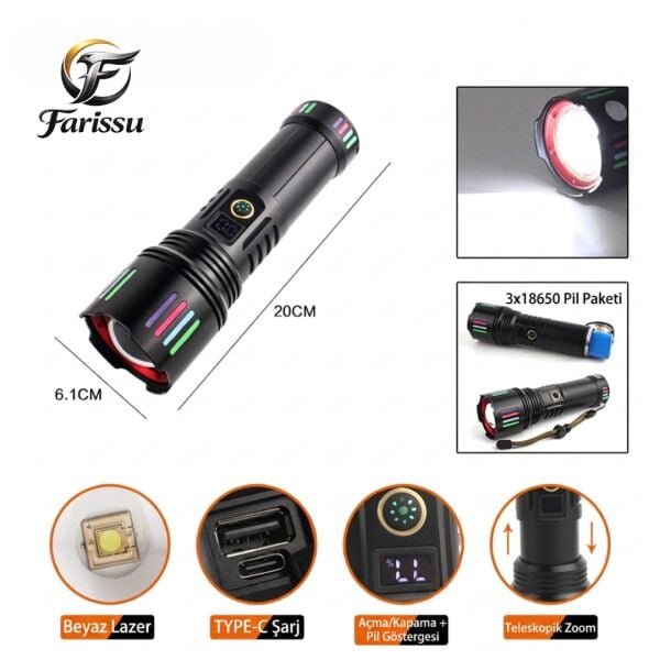 R517 200W Beyaz Lazer El Feneri - 6000 Lümen, 3000 Metre Uzağı Aydınlatan Zoomlu Şarjlı Fener