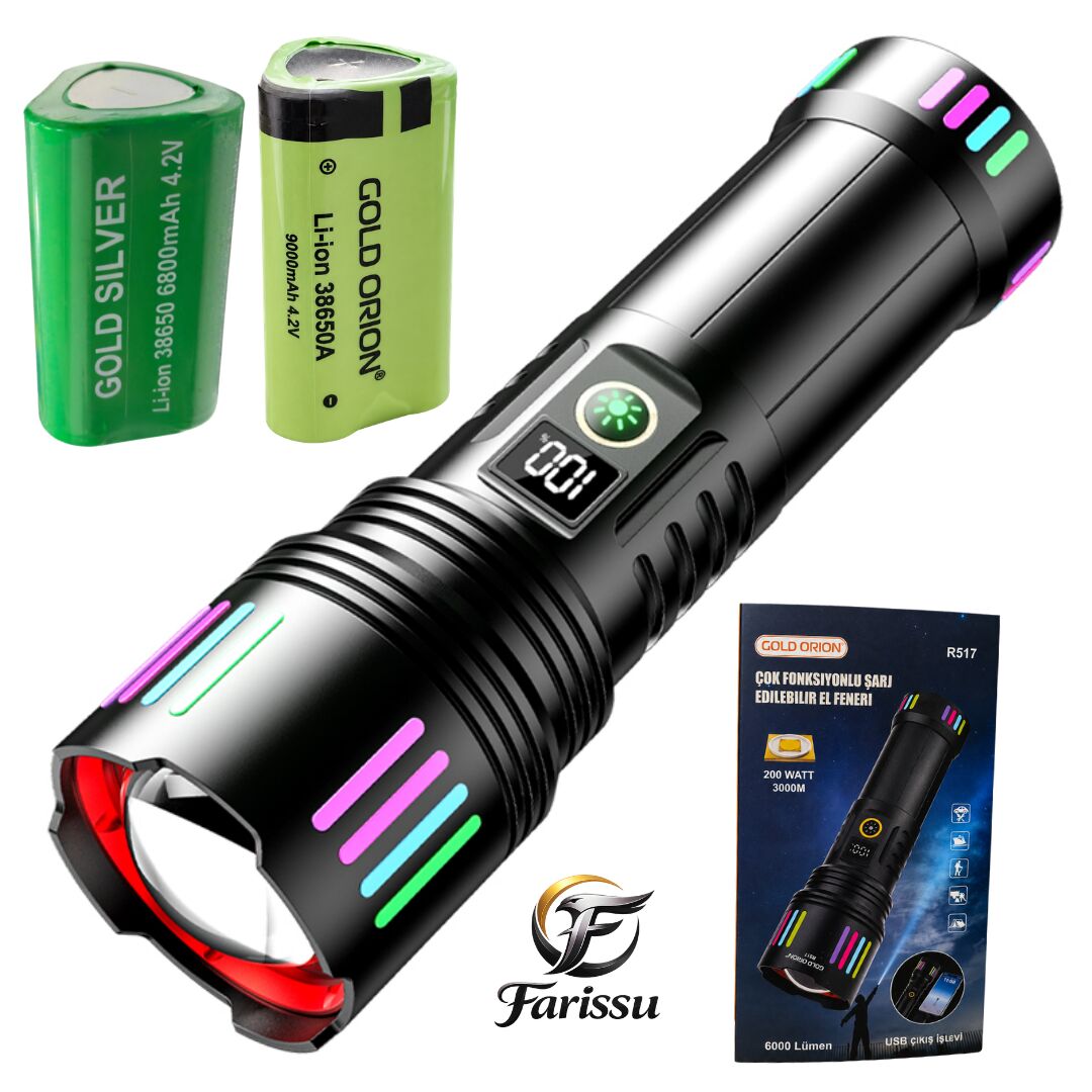 R517 200W Beyaz Lazer El Feneri + 6800 mAh 38650 Yedek Pil Hediye - 6000 Lümen, 3000 Metre