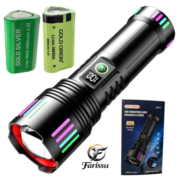 R517 200W Beyaz Lazer El Feneri + 6800 mAh 38650 Yedek Pil Hediye - 6000 Lümen, 3000 Metre