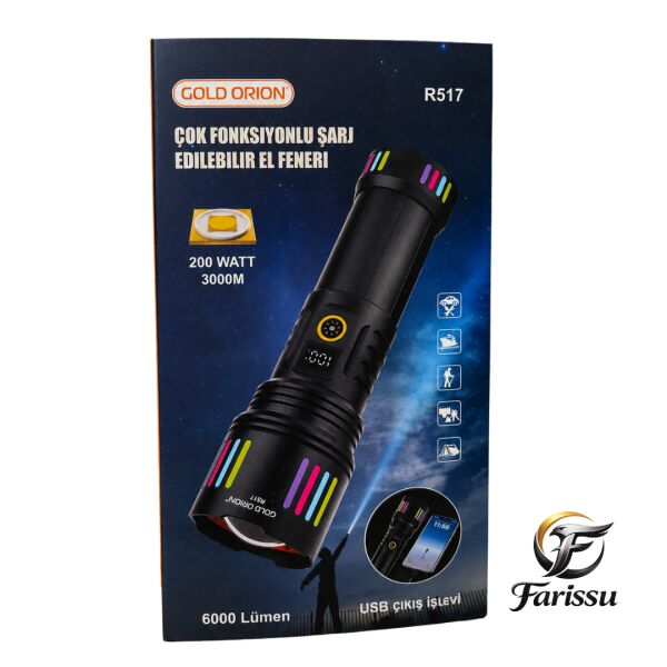 R517 200W Beyaz Lazer El Feneri + 6800 mAh 38650 Yedek Pil Hediye - 6000 Lümen, 3000 Metre