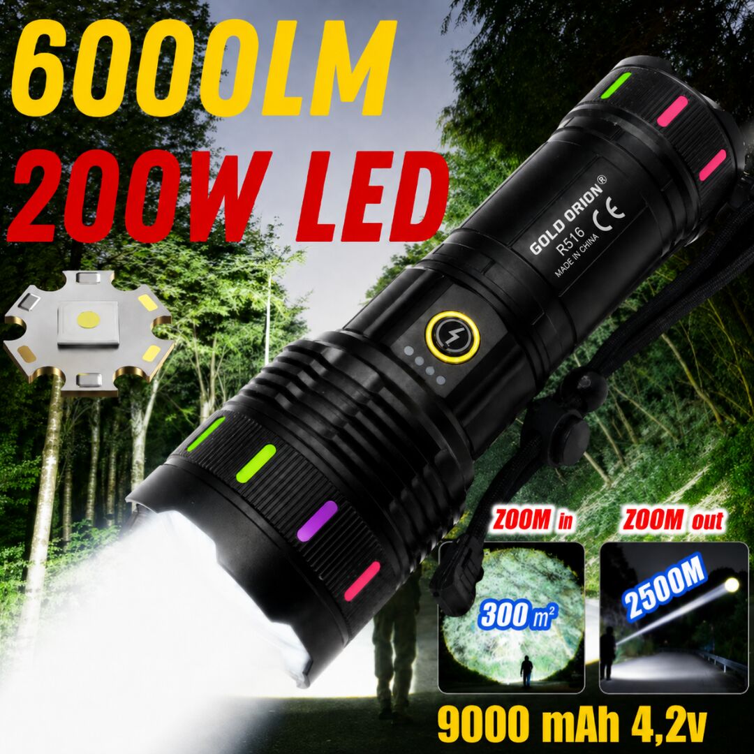 Gold Orion R516 200W 6000 Lümen Teleskopik Zoomlu Şarj Edilebilir LED El Feneri