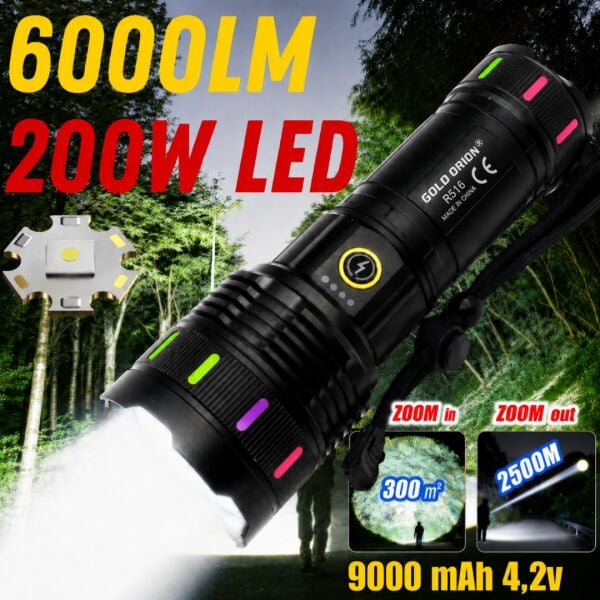 Gold Orion R516 200W 6000 Lümen Teleskopik Zoomlu Şarj Edilebilir LED El Feneri