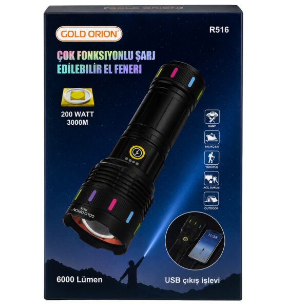 Gold Orion R516 200W 6000 Lümen Teleskopik Zoomlu Şarj Edilebilir LED El Feneri