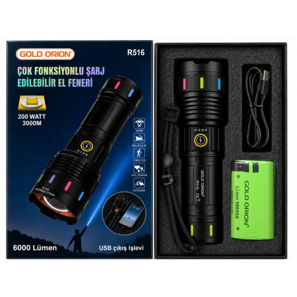 Gold Orion R516 200W 6000 Lümen Teleskopik Zoomlu Şarj Edilebilir LED El Feneri