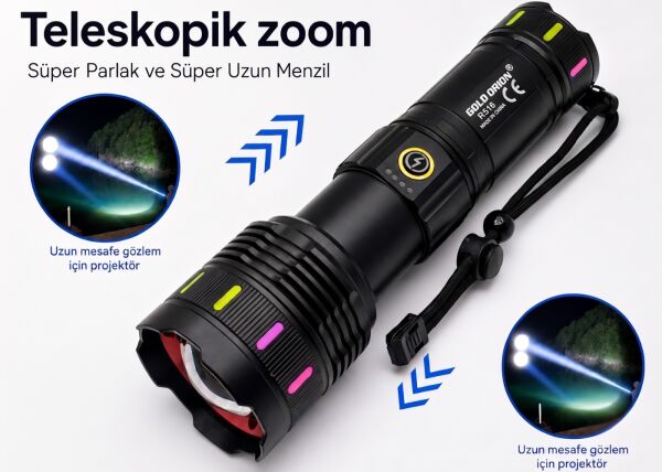 Gold Orion R516 200W 6000 Lümen Teleskopik Zoomlu Şarj Edilebilir LED El Feneri