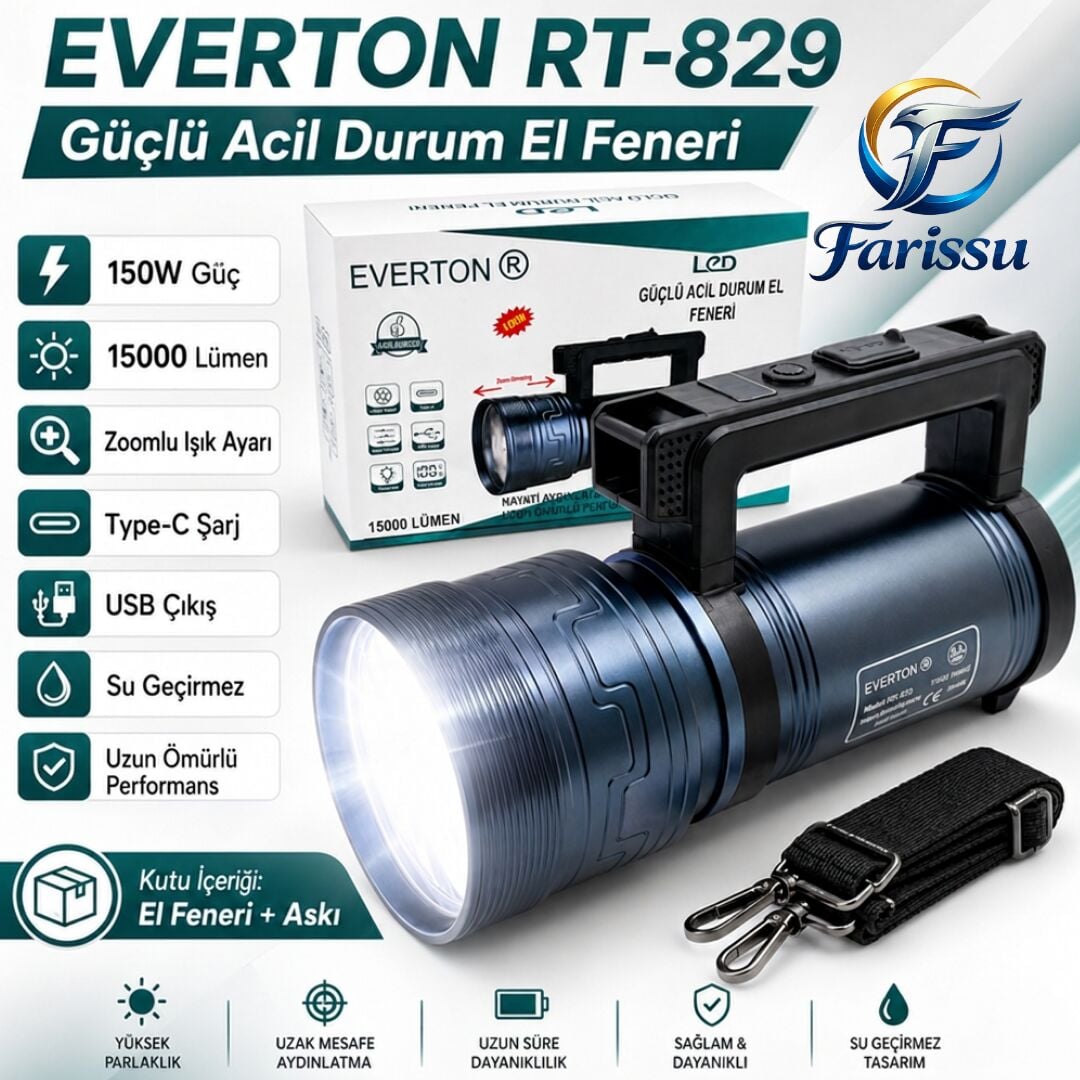 Everton RT-829 Şarjlı Zoomlu LED El Feneri - 15000 Lümen, 3 KM Menzil, Powerbank Özellikli