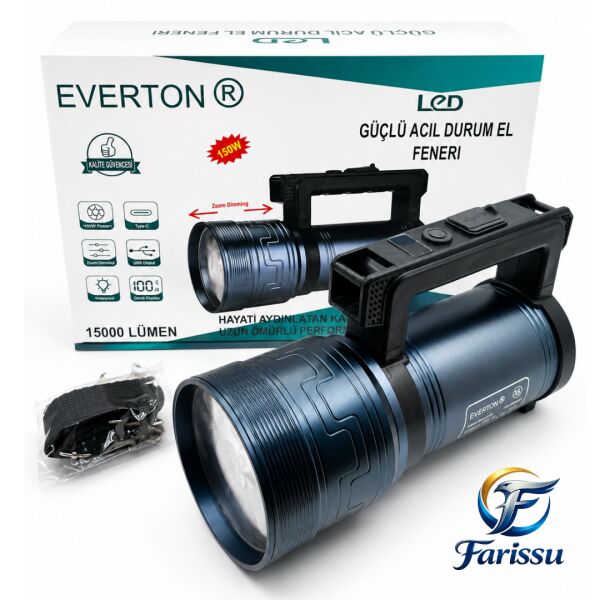 Everton RT-829 Şarjlı Zoomlu LED El Feneri - 15000 Lümen, 3 KM Menzil, Powerbank Özellikli