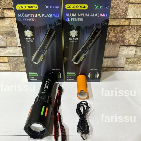 Gold Orion OR-611-TG Alüminyum Alaşımlı El Feneri – 100W Güç, 3000 Lümen, 1000 Metre Menzil!