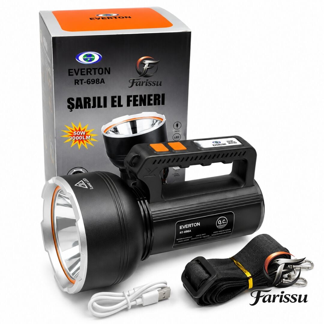 RT-698A 50W 5000 Lümen Şarjlı El Feneri & Projektör | 2000m Uzun Menzil | Powerbank Özellikli