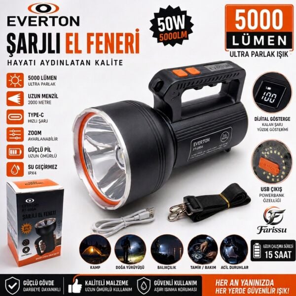 RT-698A 50W 5000 Lümen Şarjlı El Feneri & Projektör | 2000m Uzun Menzil | Powerbank Özellikli