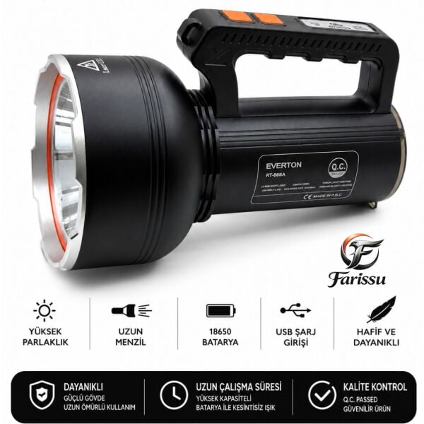 RT-698A 50W 5000 Lümen Şarjlı El Feneri & Projektör | 2000m Uzun Menzil | Powerbank Özellikli