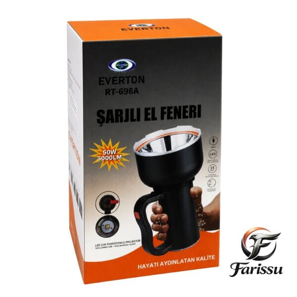 RT-698A 50W 5000 Lümen Şarjlı El Feneri & Projektör | 2000m Uzun Menzil | Powerbank Özellikli
