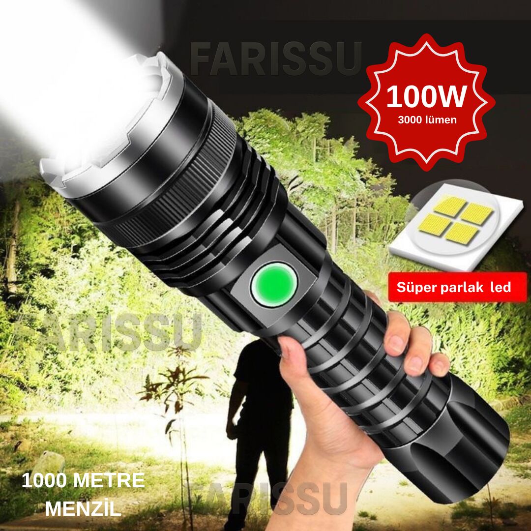 Gold Orion OR-A72 Alüminyum Alaşımlı El Feneri – 100W Güç, 3000 Lümen, 1500 Metre Menzil