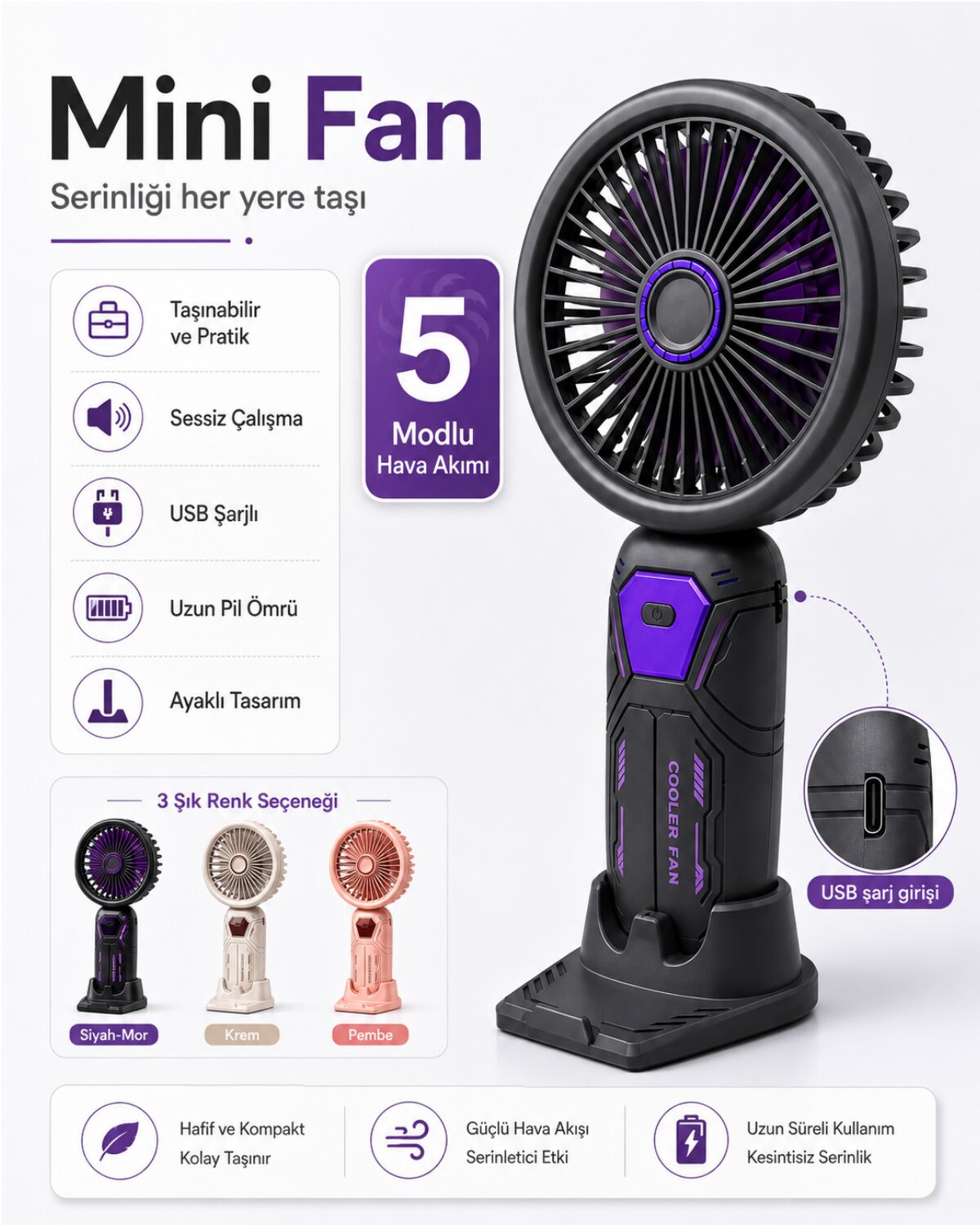 Cooler Star Taşınabilir Mini Fan | 5 Kademeli & USB Şarjlı Masaüstü El Fanı
