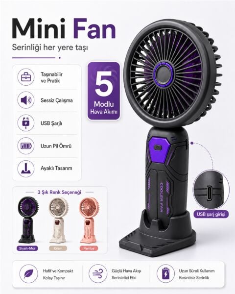 Cooler Star Taşınabilir Mini Fan | 5 Kademeli & USB Şarjlı Masaüstü El Fanı