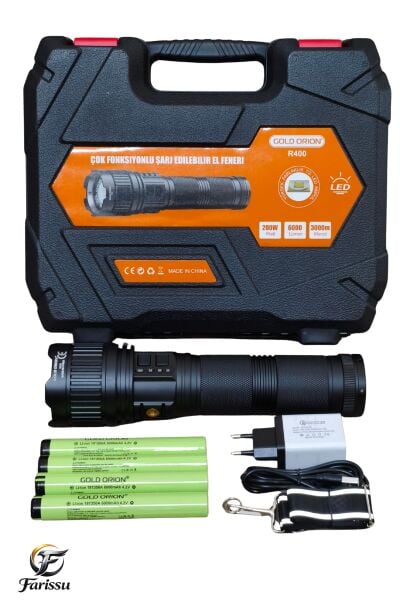Gold Orion R400 3 KM Menzilli Profesyonel Şarjlı El Feneri - 200W 6000 Lümen 24.000 mAh Full Set
