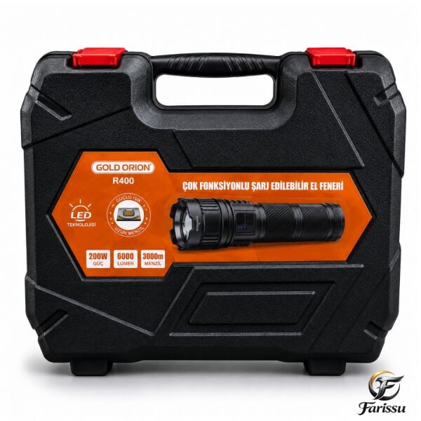 Gold Orion R400 3 KM Menzilli Profesyonel Şarjlı El Feneri - 200W 6000 Lümen 24.000 mAh Full Set