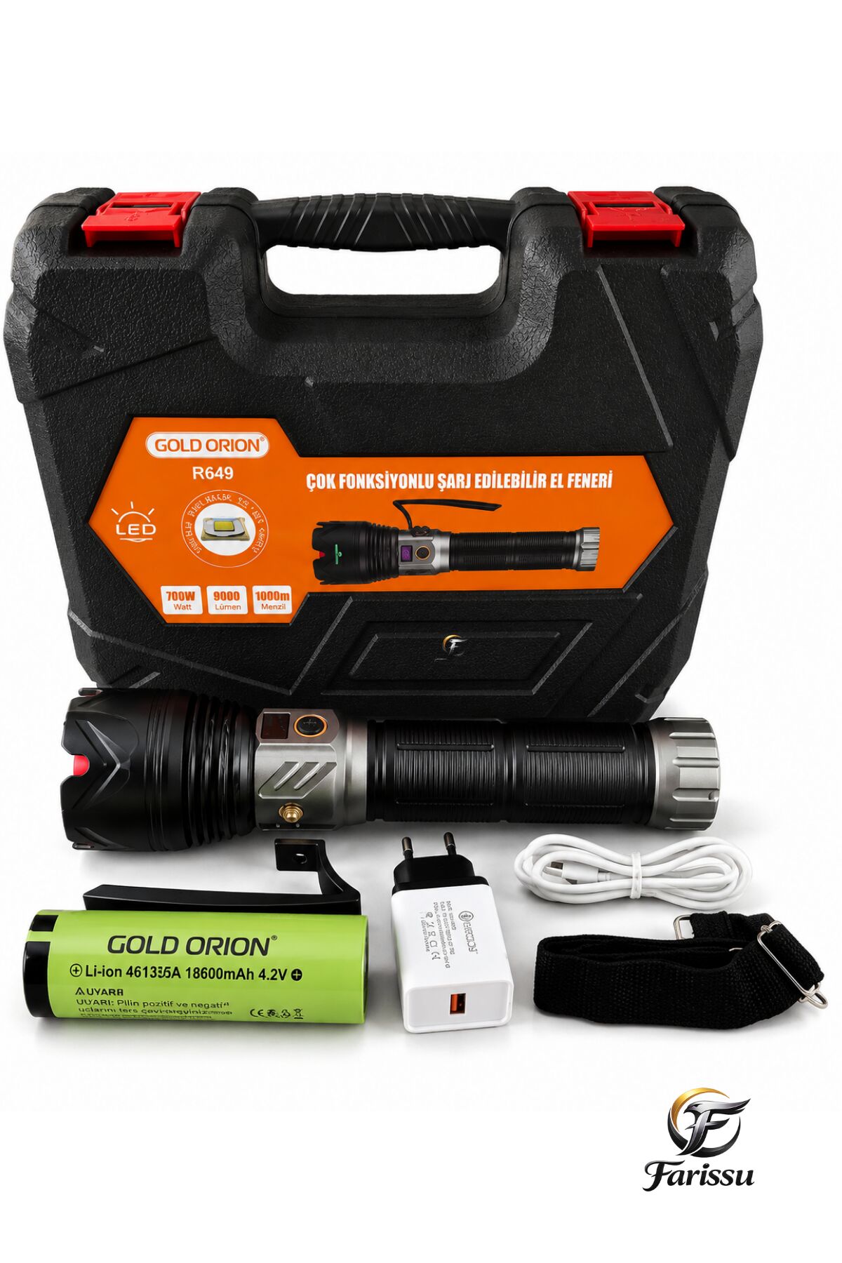R648 Ultra Güçlü El Feneri 200W 6000 Lümen (3 KM Menzil - 5 Işık Modlu Çantalı Set)